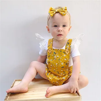 

0-18 Months Baby Girls Set White Short Sleeve Baby Rompers Flower Print Yellow Bodysuits Kids Overalls Headband Baby Girl Set