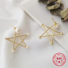 

Pure 925 Silver European American New Design Creative Concise Big Hollow Star Pearl Stud Earrings Fine Jewelry