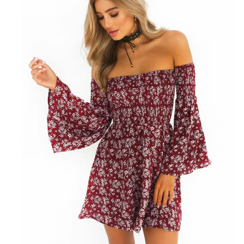 

Uguest Women Slash Neck Long Sleeve Flare Sleeve Floral Printed A Line Strapless Above Knee Vintage Dress Summer Beach Vestidos