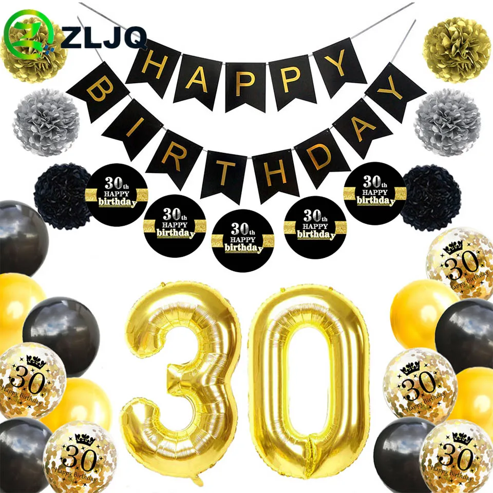 ZLJQ 30th День Рождения украшения Золотой 30 фольги шар черный бумажный стикер баннер