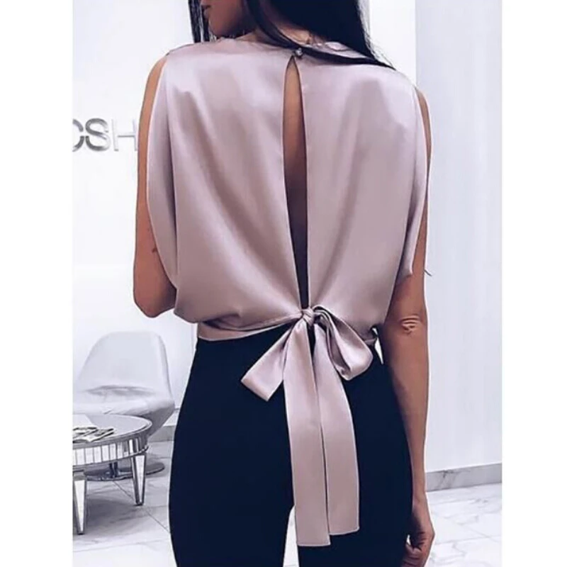 

Summer Cami Women Sexy Backless Tank Top Solid SatinVest Back Bandage Bowknot Short Tee Top Shirt Women Tanks