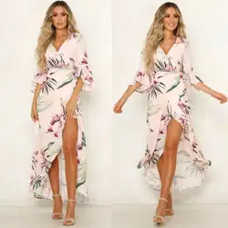 2019 модные женские туфли летние рюшами Цветочные Boho вечернее пляжное платье платья для женщин V образным вырезом длинное платье Сарафан