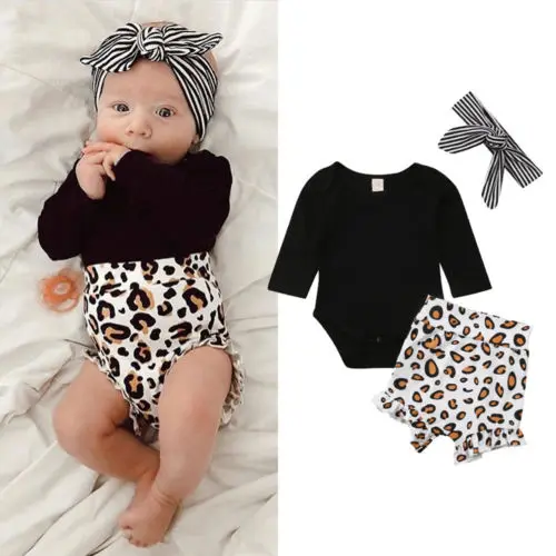Toddler Kids Newborn Baby Girl Infant Clothes Long Sleeve Romper Tops Leopard Print Pants Headband Set Outfits | Мать и ребенок