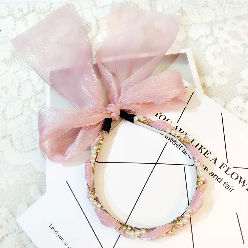 

2018 Floral Large Bow Streamer Headband for Women Girls Full of Twisted Braided Pearl Headband Chiffon Cloth Head Buckle Gifts