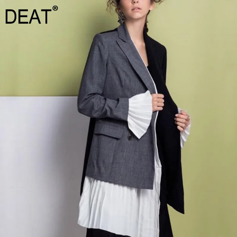 

[ DEAT] New autumnr Women fashion Asymmetrical spliced frills Slim color Double-breasted suit collar caot RB086