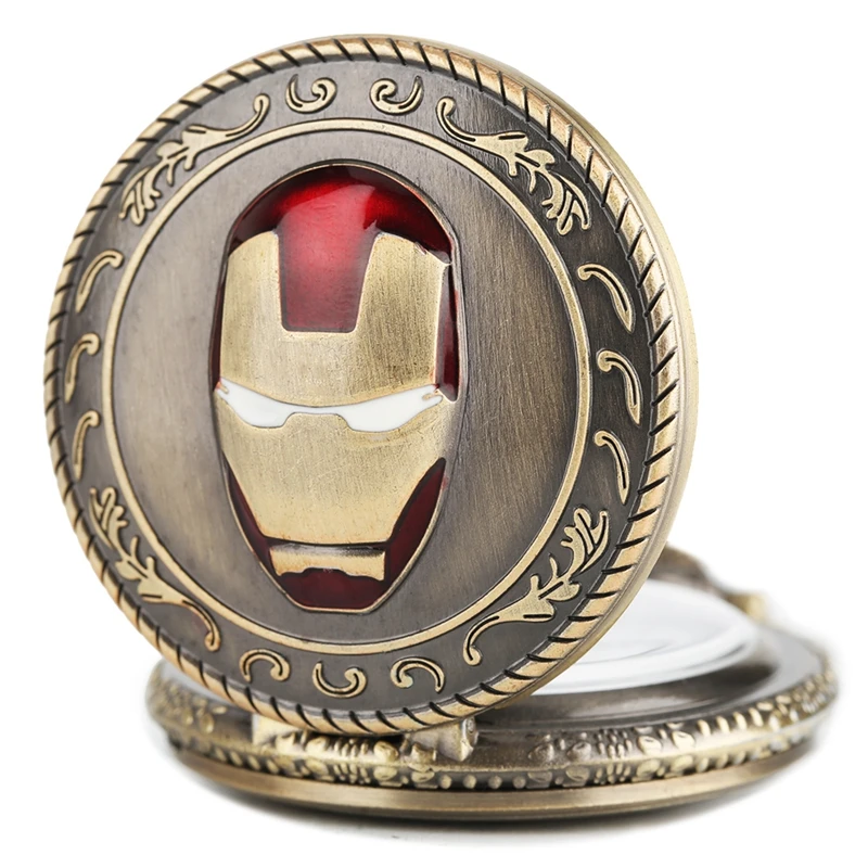 Awesome Iron Man Top Vintage Pocket Watch Quartz Analog Mask Superman Necklace Chain Copper Avengers Gifts for Men Collectibles