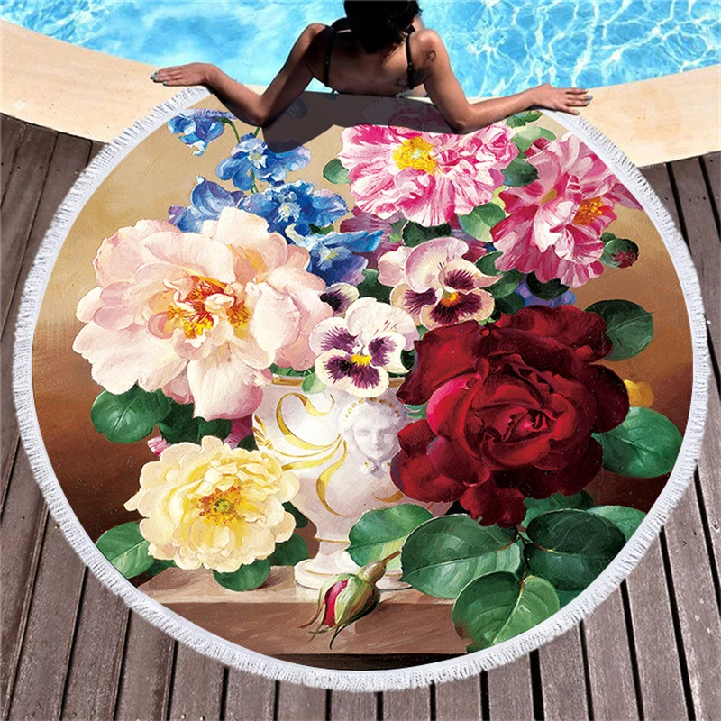 

Large Bath Towel For Beach Cover Thick Round Flower Printed Women Beach Towel Fabric Quick Compressed Towel Tapestry Yoga Mats