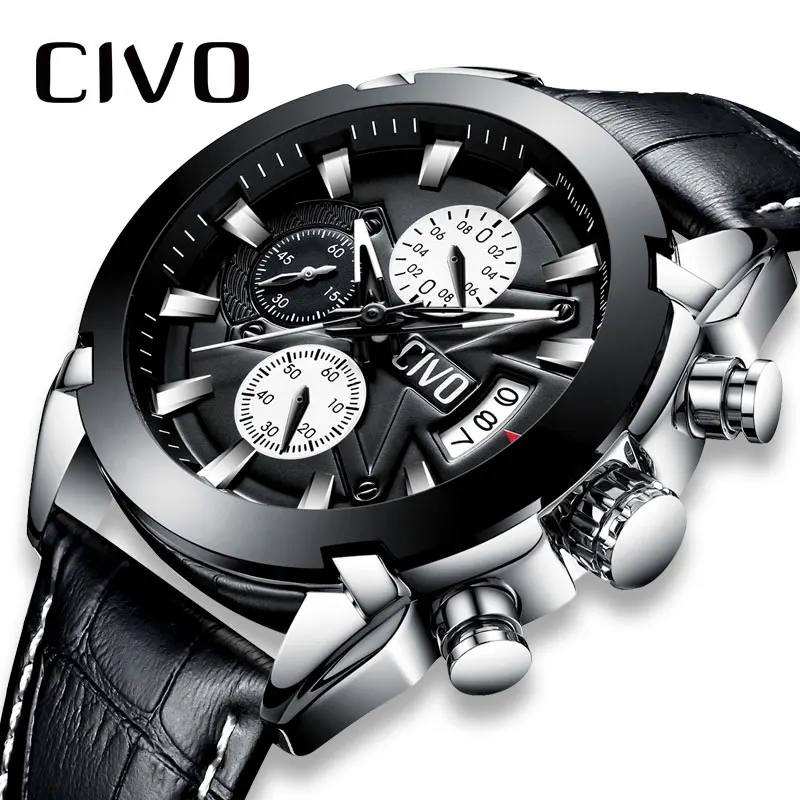 

CIVO Casual Watch Men Fashion Date Calendar Analogue Quartz Wrist Watches Waterproof Chronograph Leather Sport Watches Teenager