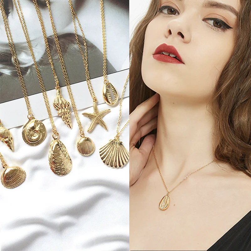 

2019 Fashion Cowrie Gold Color Collar Alloy For Women New Necklace Shell Starfish Jewelry Necklace Summer Chain Conch Pendant