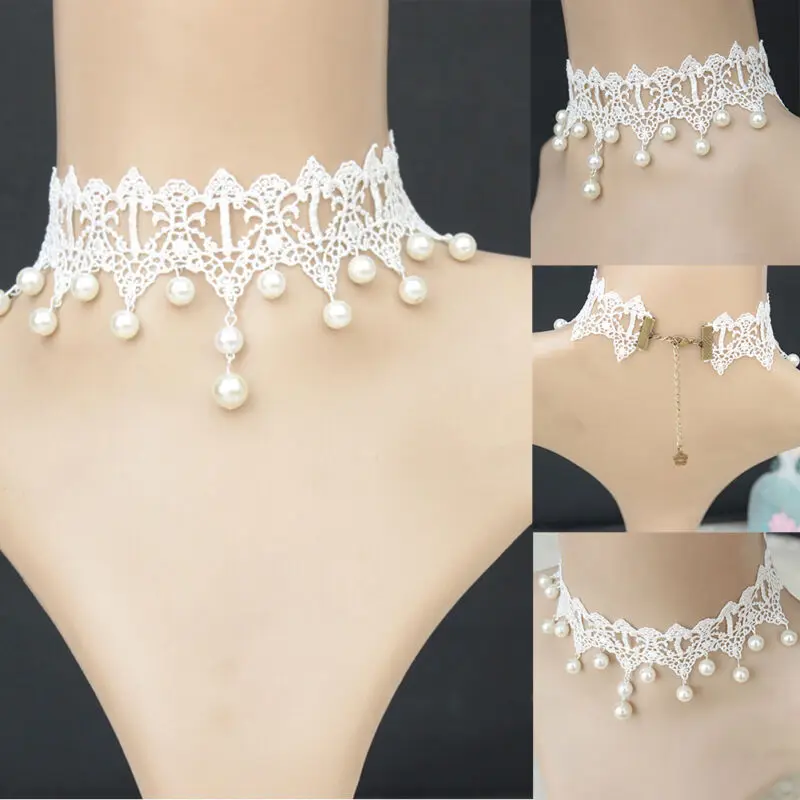 

Women Gothic Pearl Velvet Chain Victorian White Lace Collar Choker Necklace fashion Popular grace temperament Necklace exquisite