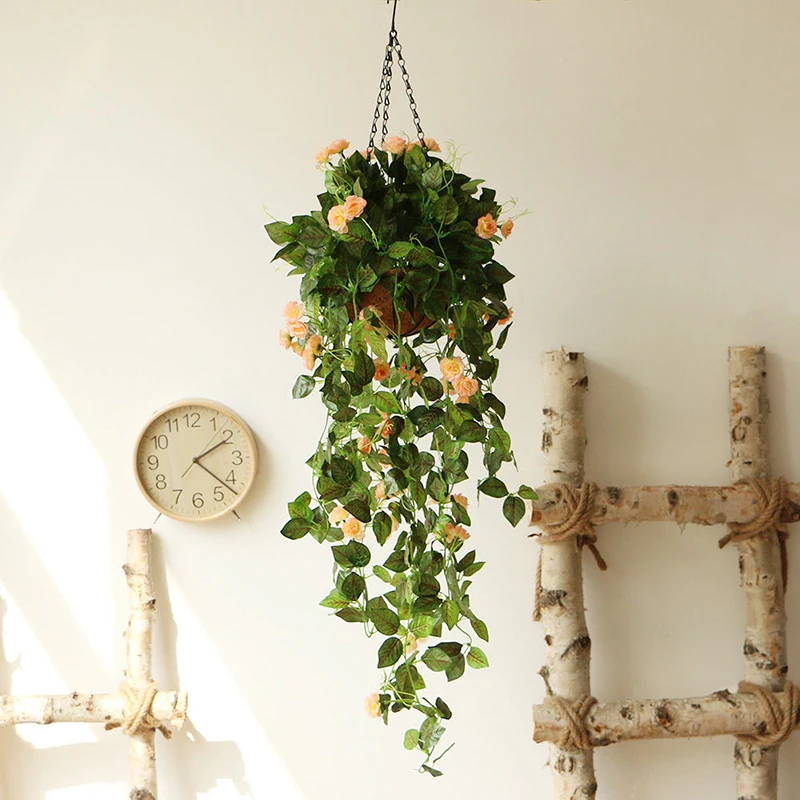 

Art Wall Hanging Basket Artificial Rose Flower Plant Rattan Home Garden Decor Flower Pot Holder Display Lifting Rope Wall Art