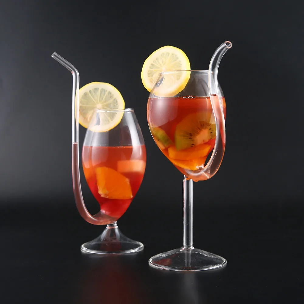 

Wine Glass Cup Transparent Glassware Mug Cocktail Straw Cup With Built In Drinking Tube Straw For Home Bar Party