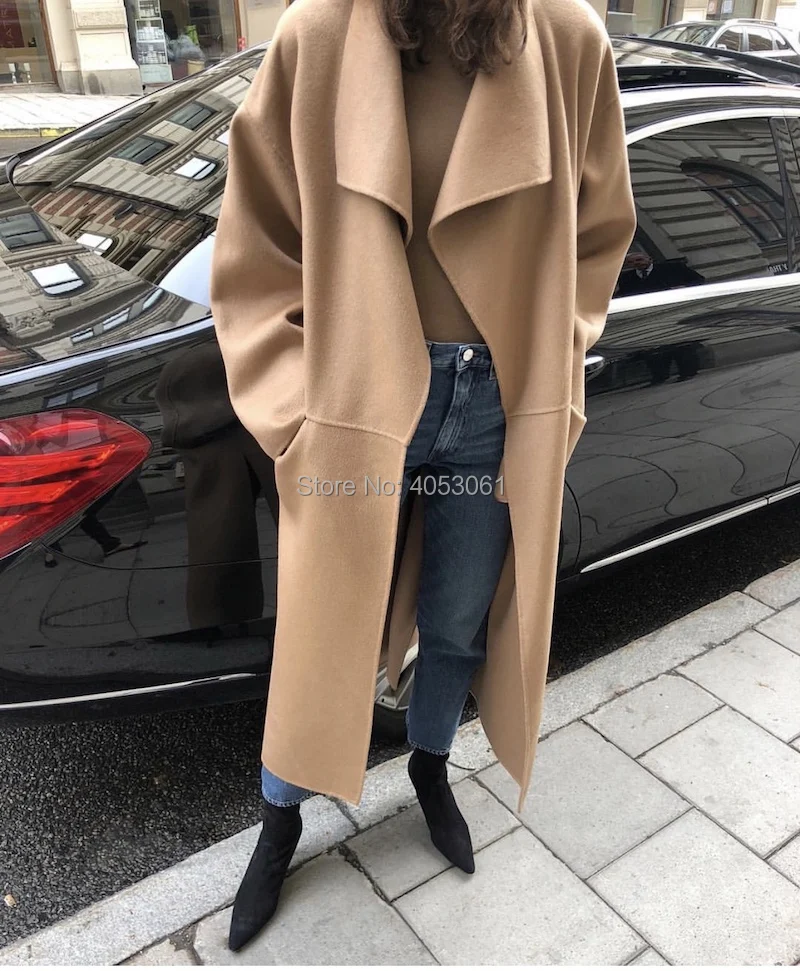 

Oversized Handmade Double-faced Wool & Cashmere Black/Camel Woolen Long Coat - Top quality 2018 Ladies Thicker Soft Warmer Coat