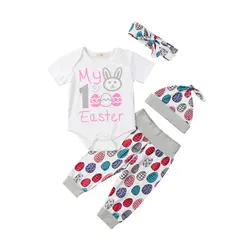 Комплект для маленьких девочек, Пасхальная Одежда для новорожденных девочек, комбинезон, топы, штаны, шапочка, повязка на голову, комплект