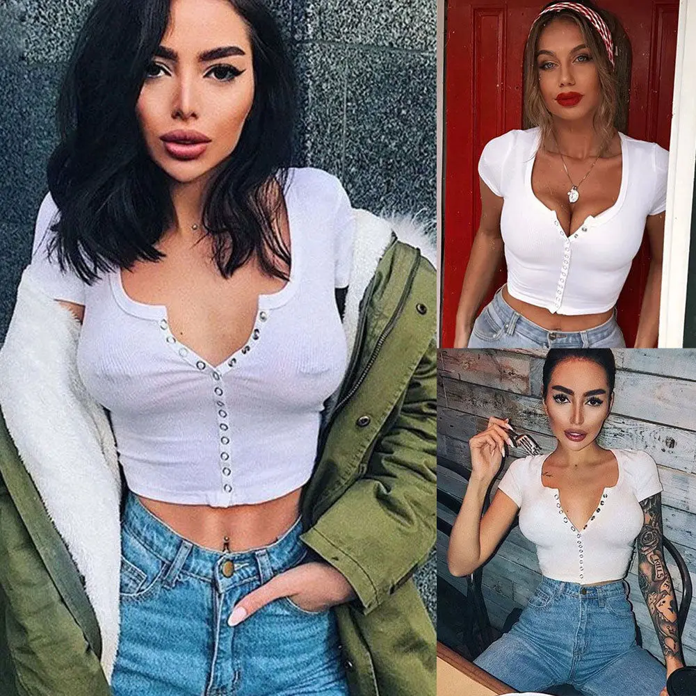 

Sexy Deep V-neck Crop Top Pure Women Short Sleeve Crop Top Button Camisole Crop Top Female Vest Tank Tops Fashion Women S M L