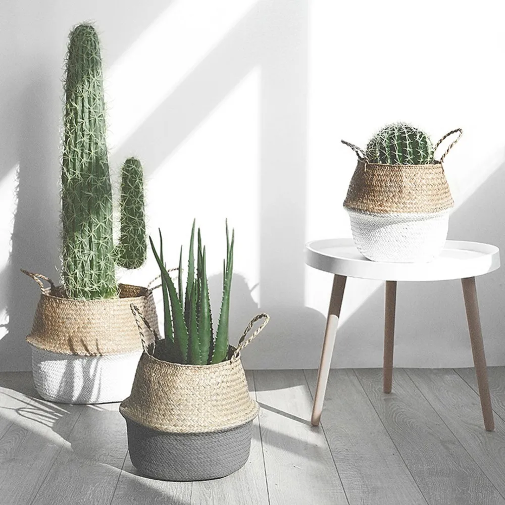 

Rattan Straw Basket Wicker Folding Flower Pot Seagrasss Flower Baskets Garden Planter Pot Suspended Flower Storage Basket