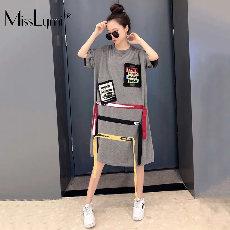 Koop 4XL Plus Size Vrouwen Streetwear Jurk Zomer 2019 Mode Afdrukken Patch Patchwork Lint Korte Mouw Katoen Lange T shirt Jurken
