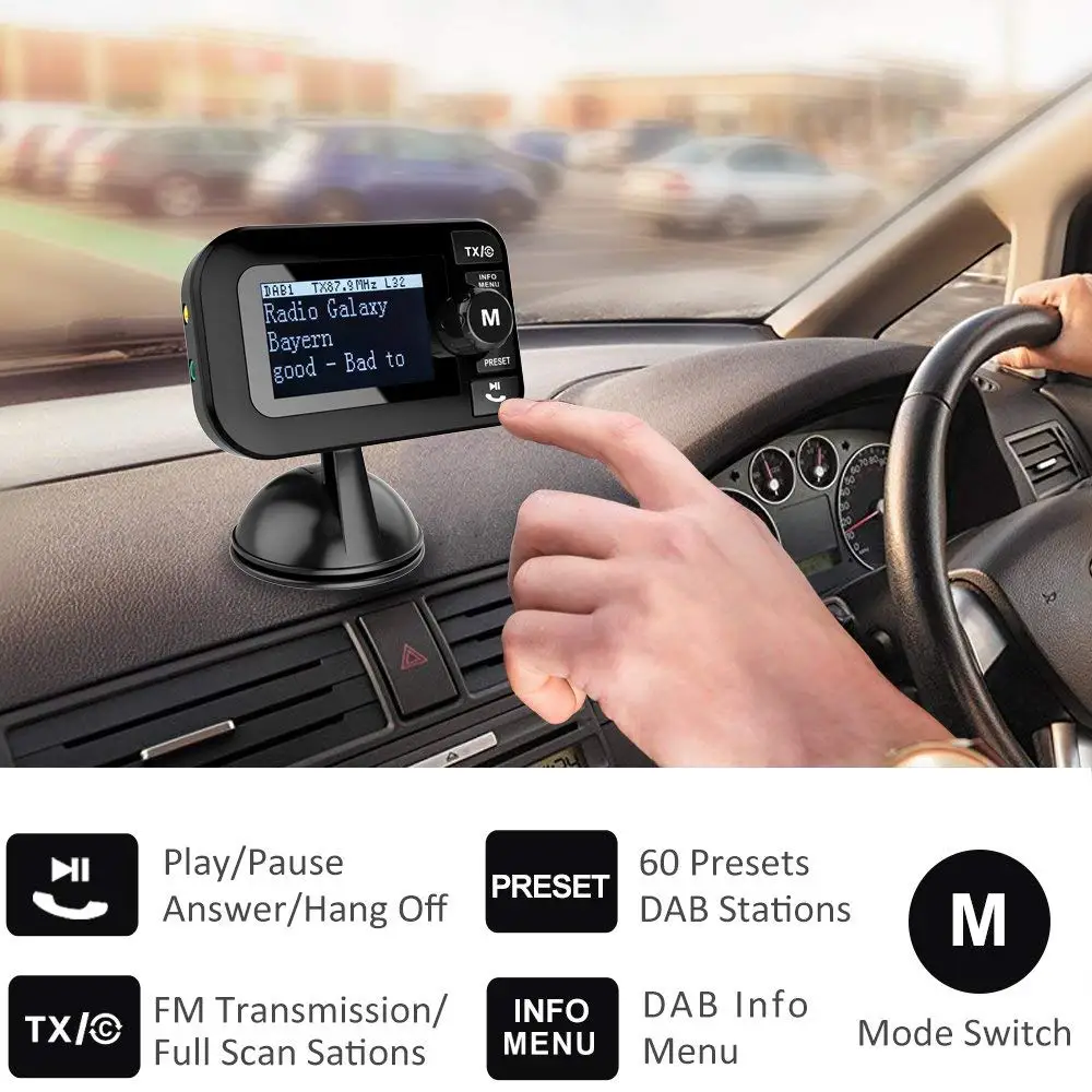Plug and Play DAB Transmitter Portable DAB + Digital Radio Adapter with Bluetooth FM Transmitter + 3.5mm Aux-out + USB Car Cha Plug and Play DAB Transmitter Portable DAB + Digital Radio Adapter with Bluetooth FM Transmitter + 3.5mm Aux-out + USB Car Cha
