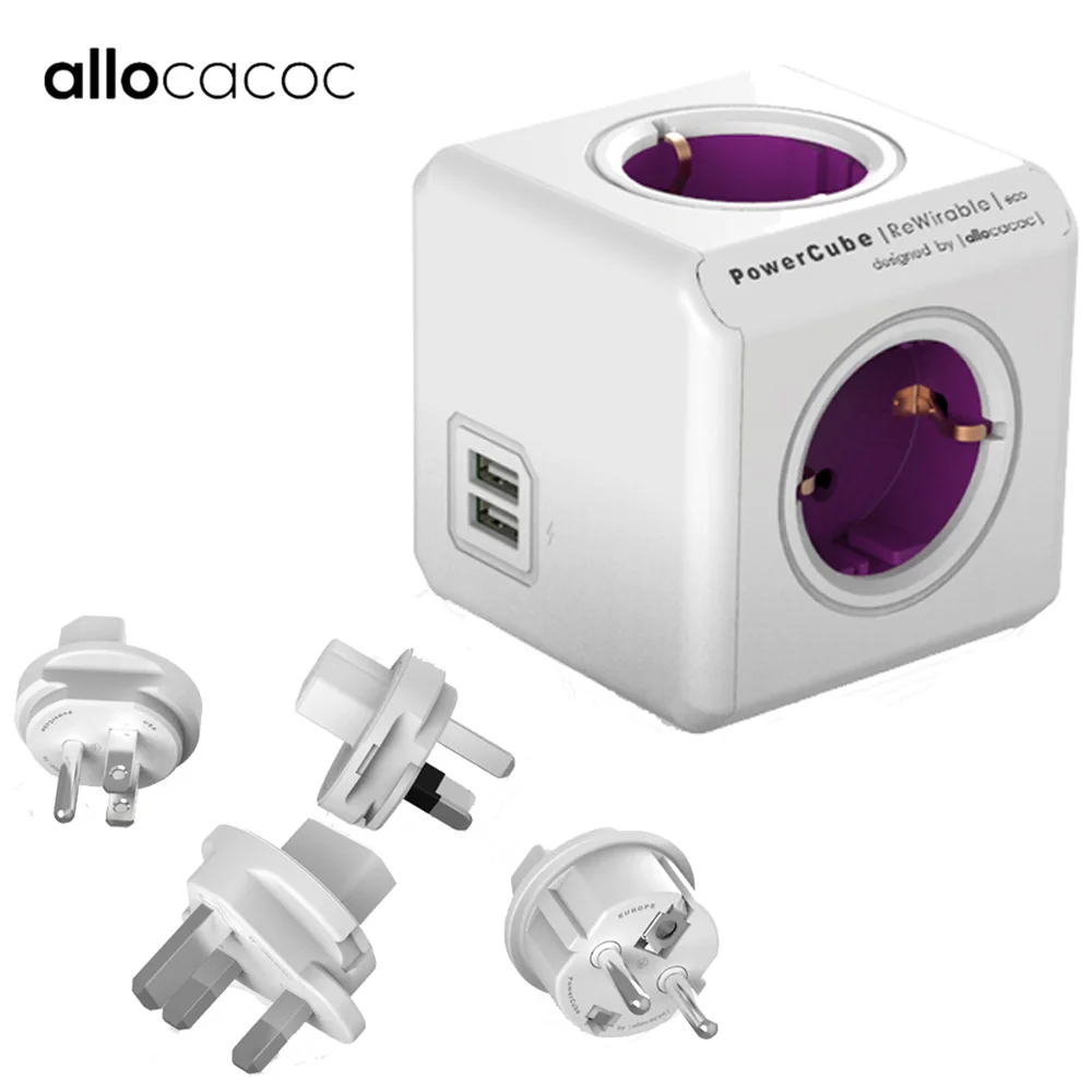 

Allocacoc Electric International Plug Adaptor PowerCube Socket EU UK US CN AU Plug Power Strip 2 USB Ports Adapter