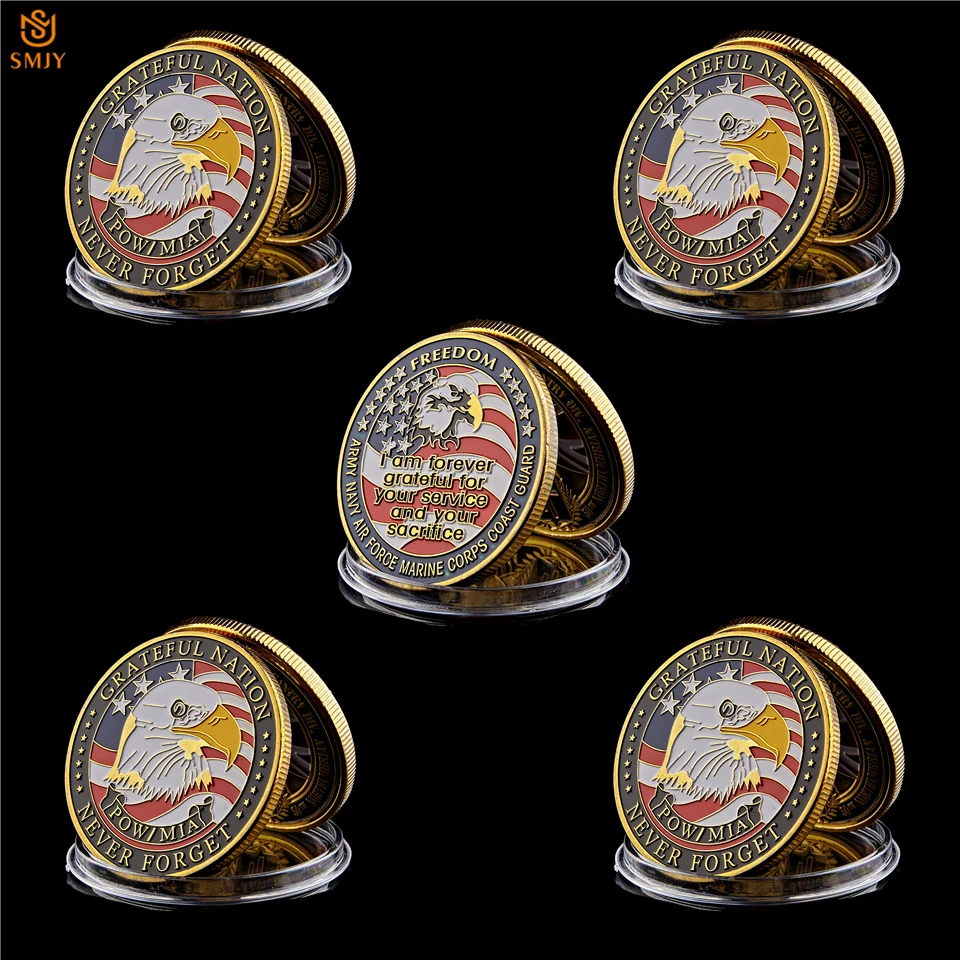 

5Pcs US Navy Air Force USMC Army Coast Guard Free Eagle Gold Plated Colorful Military Challenge Metal Coin Collection