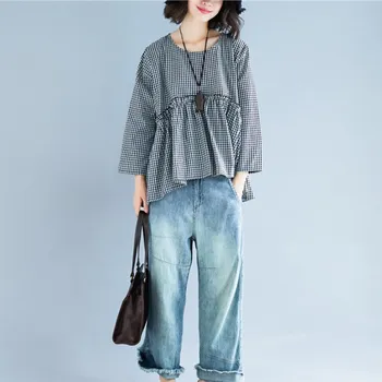 

New Fashion Spring O-Neck Long Sleeve Casual Tops Female Spliced Pleated Black Plaid Loose Shirts Casual Tops