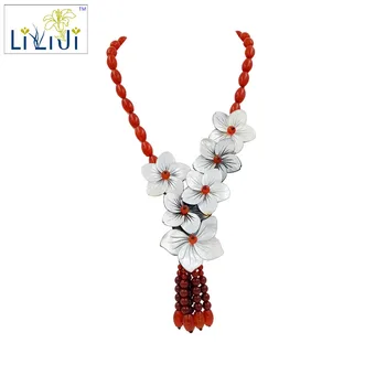 

Lii Ji Natural Red Agate, Shell Flowers with Jade Toggle Clasp Necklace Fashion Women Jewelry