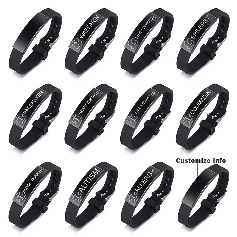 Personalize Waterproof Soft Silicone Sports Medical Alert ID Bracelets for Women Men Bangle Adjustable Watch Band Design