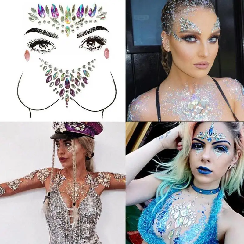 Adhesive Face Chest Tattoo Gems Sticker Set Women Jewelry Body Art Festival Party Makeup Temporary Stickers | Красота и здоровье
