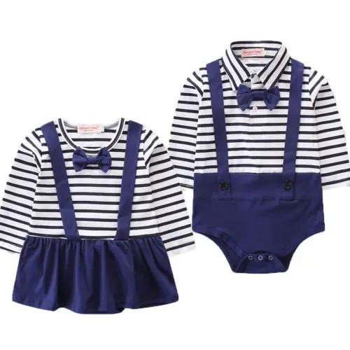 

Brother Sister Family Matching Newborn Baby Boys Girls Cotton Bowknot Striped Romper/Dress Jumpsuit Outfits Long Sleeve Clothes