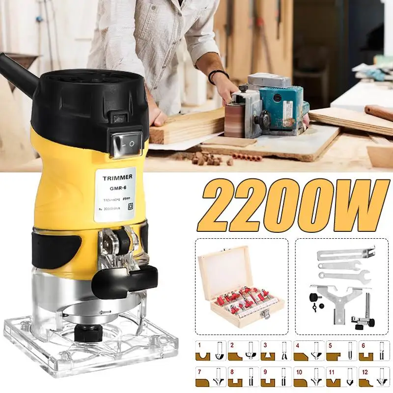 

Electric Hand Trimmer Wood Router 6.35mm 12pcs 1/4'' Router Bit Set Laminator Palms Joiners Woodworking Trimming Cutting Tool