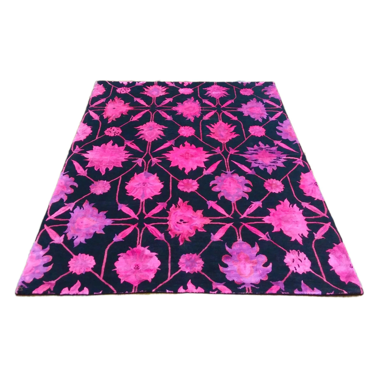 Black 5x7 Overdyed Wool Pile Rug Silk Hot Pink Flowers 2761Rug