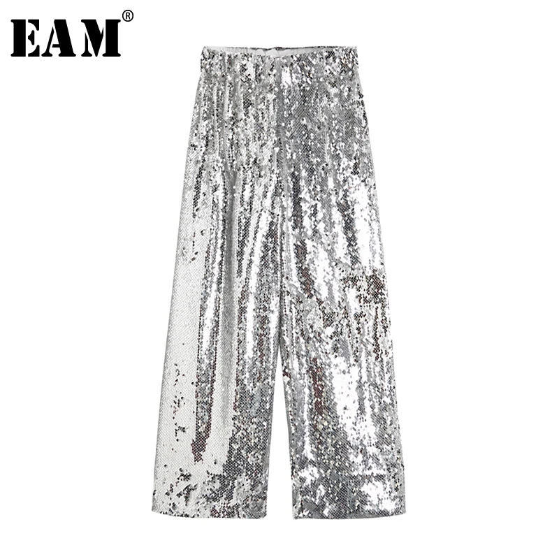 

[EAM] 2019 New Autumn Winter High Elastic Waist Metal Color Loose Sequins Wide Leg Pants Women Trousers Fashion Tide JQ0471