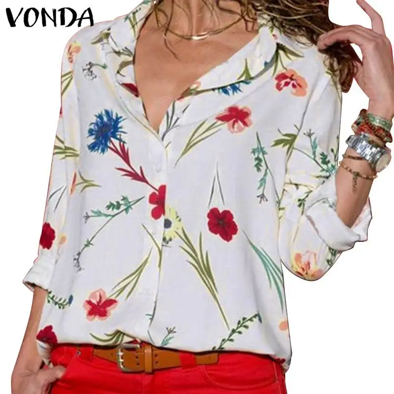 

VONDA Blouse Women Bohemian Shirt 2019 Spring Casual Loose Floral Print Tops Plus Size Office Shirt Sexy Beach Blusas S-5XL