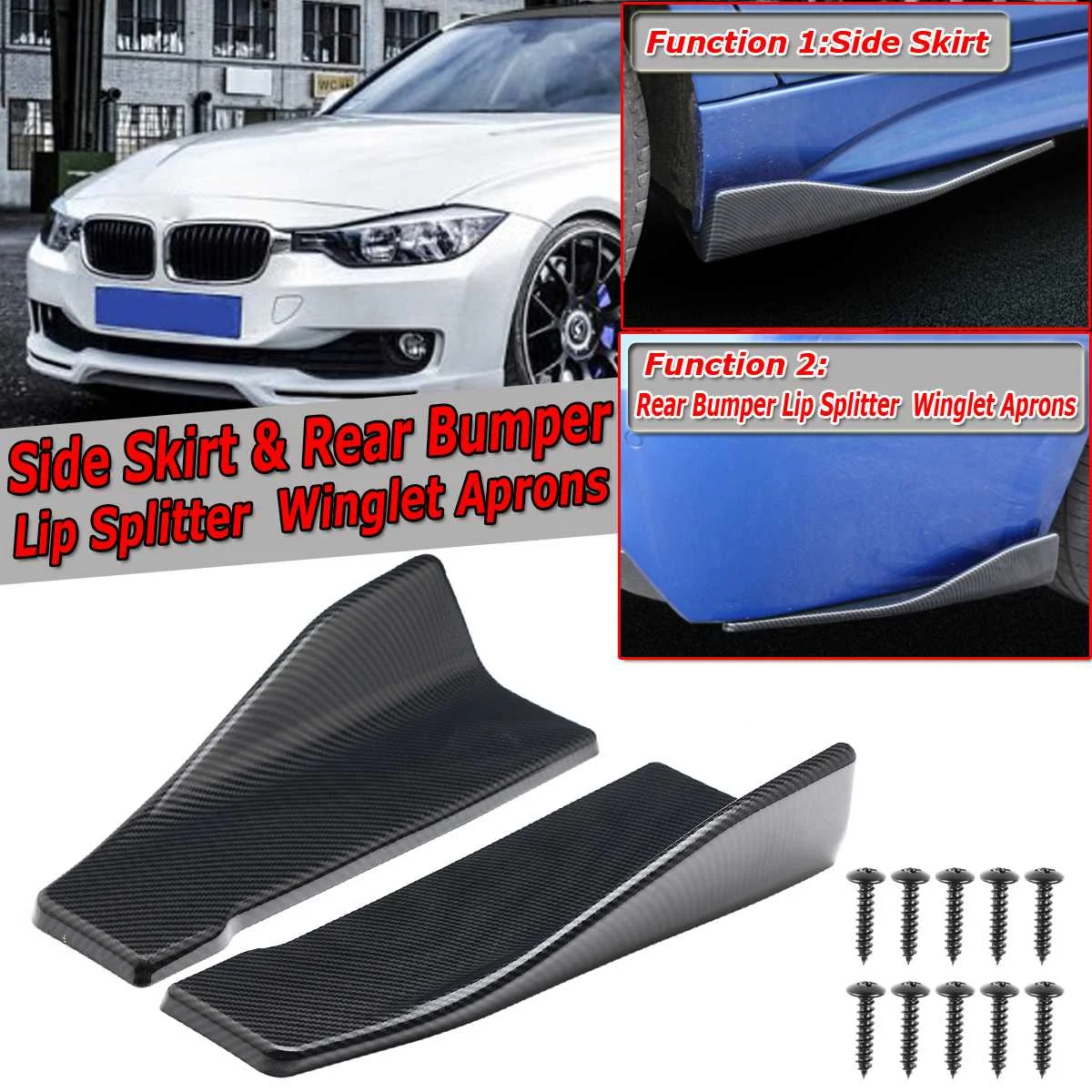 2pcs 48cm Car Rear Bumper Lip Splitter Body Spoiler Protector 3D Carbon Fiber
