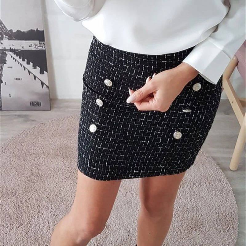 Women Elegant Mini Skirt Autumn Winter Vintage Straight Plaid Formal