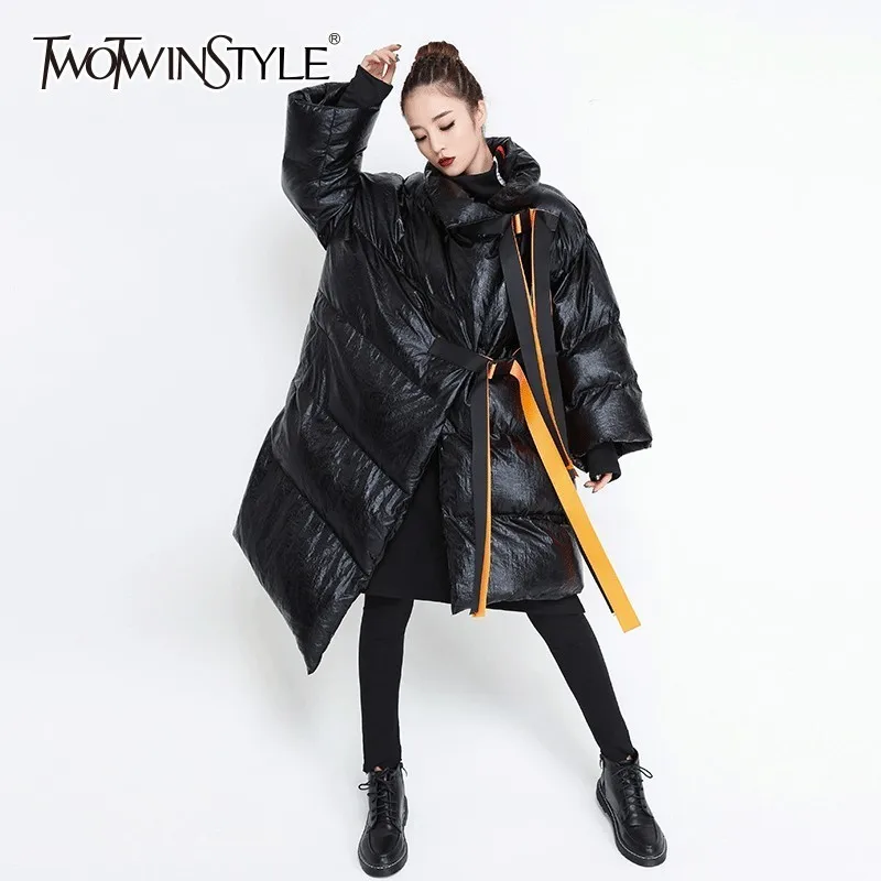 TWOTWINSTYLE Winter Women's Down Jacket Long Sleeve Patchwork Ribbons Irregular Cotton Coats Female 2020 Autumn Plus Thick Warm