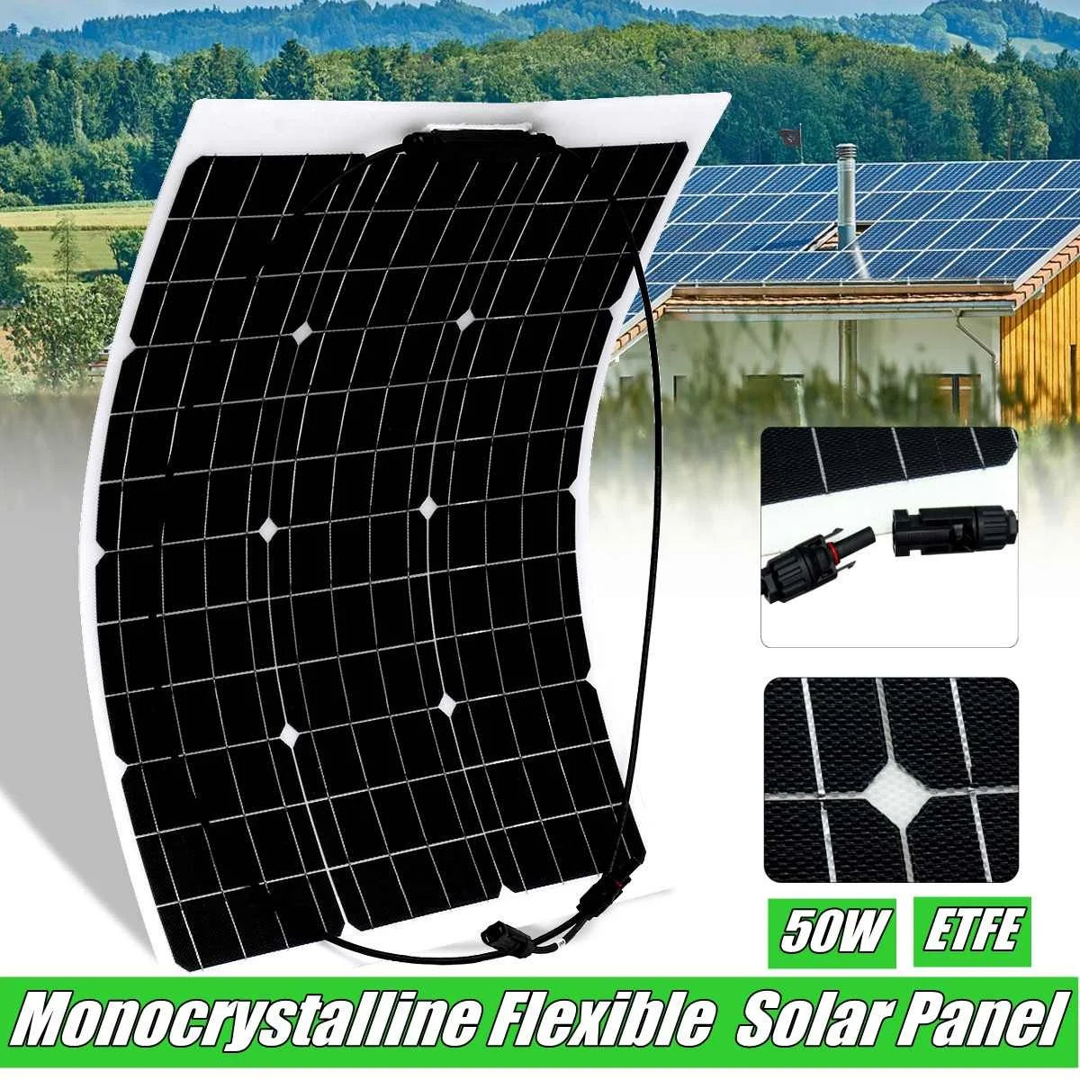 

18V 50W Flexible Solar Panel Solar Charger For 12V Car Battery ETFE Monocrystalline Cells For Hause,boat,roof with MC4 Cable
