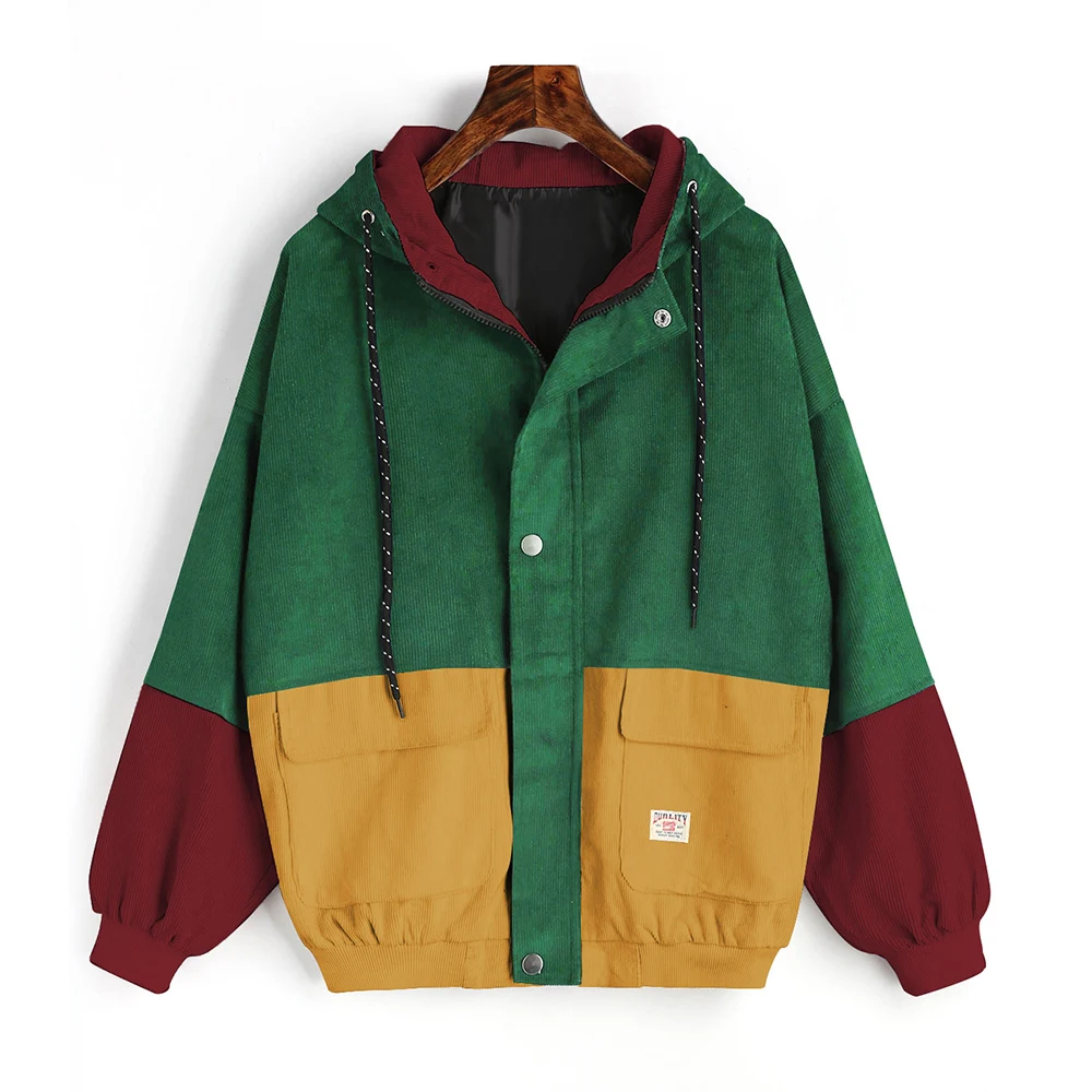 Spring Jacket Coat Women Patchwork Color Block Hooded