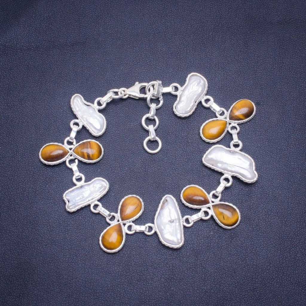

Natural Biwa Pearl and Tiger Eye Handmade Unique 925 Sterling Silver Bracelet 6.5-7.75" A3054