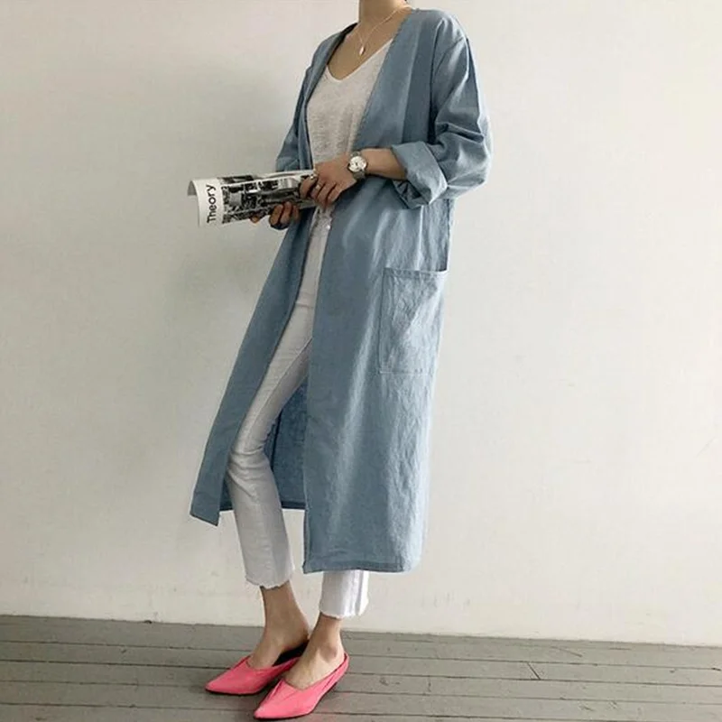 

Qiukichonson Lazy Oaf Style Women Trench Coat Korean Fashion Spring Autumn Loose Pockets Design Batwing Sleeve Thin Long Coat