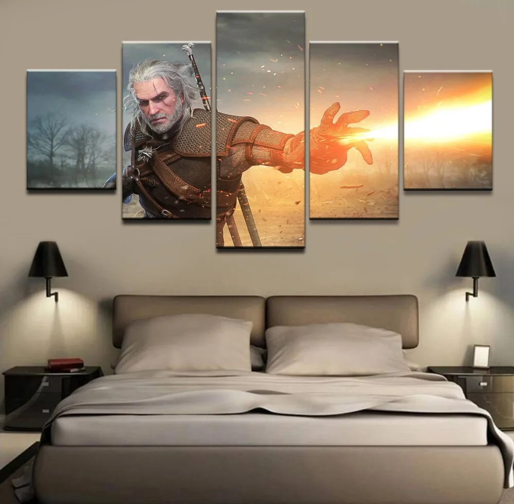 

5 Pieces Canvas Print Geralt of Rivia The Witcher 3 Wild Hunt Game Poster Wall Art Modular Pictures Home Decorative Living Room