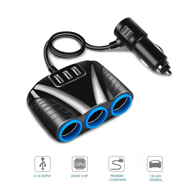 

1 To 3 Car Cigarette Lighter Socket 12V-24V 3 USB 5V/3.1A Splitter Hub Power Adapter For IPhone Smartphone Car Auto