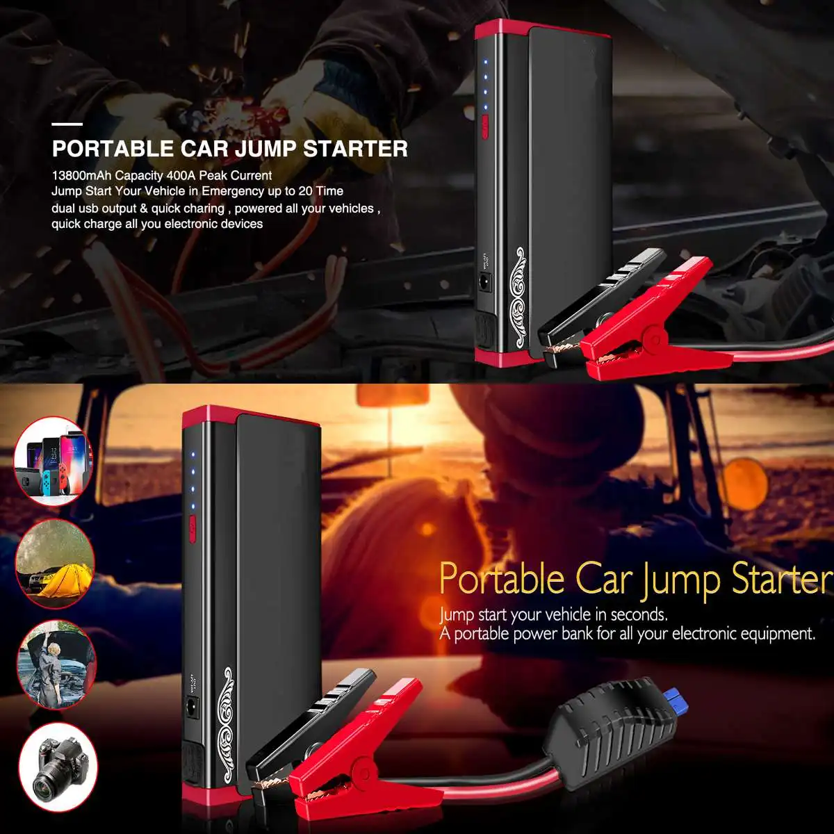 AUDEW LED Car Jump Starter 13800mA Portable Booster Battery Charger 2 USB Power Bank Starting Device Petrol Diesels Car Starter