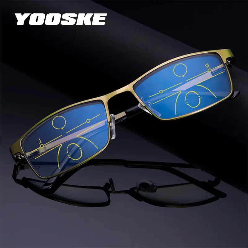 

YOOSKE Blue Light Blocking Reading Glasses Men Progressive Multifocal Glasses Alloy Spectacles for Hyperopia Farsighted Diopter