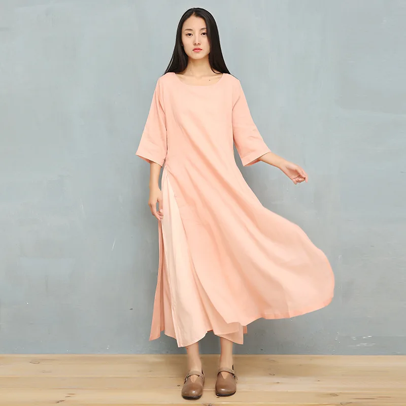 

2019 Three Quarter Sleeve Shirt Dress Women Summer Autumn O-Neck Ethnic Pink Solid Ramie Linen Dresses Vintage Loose Long Robe