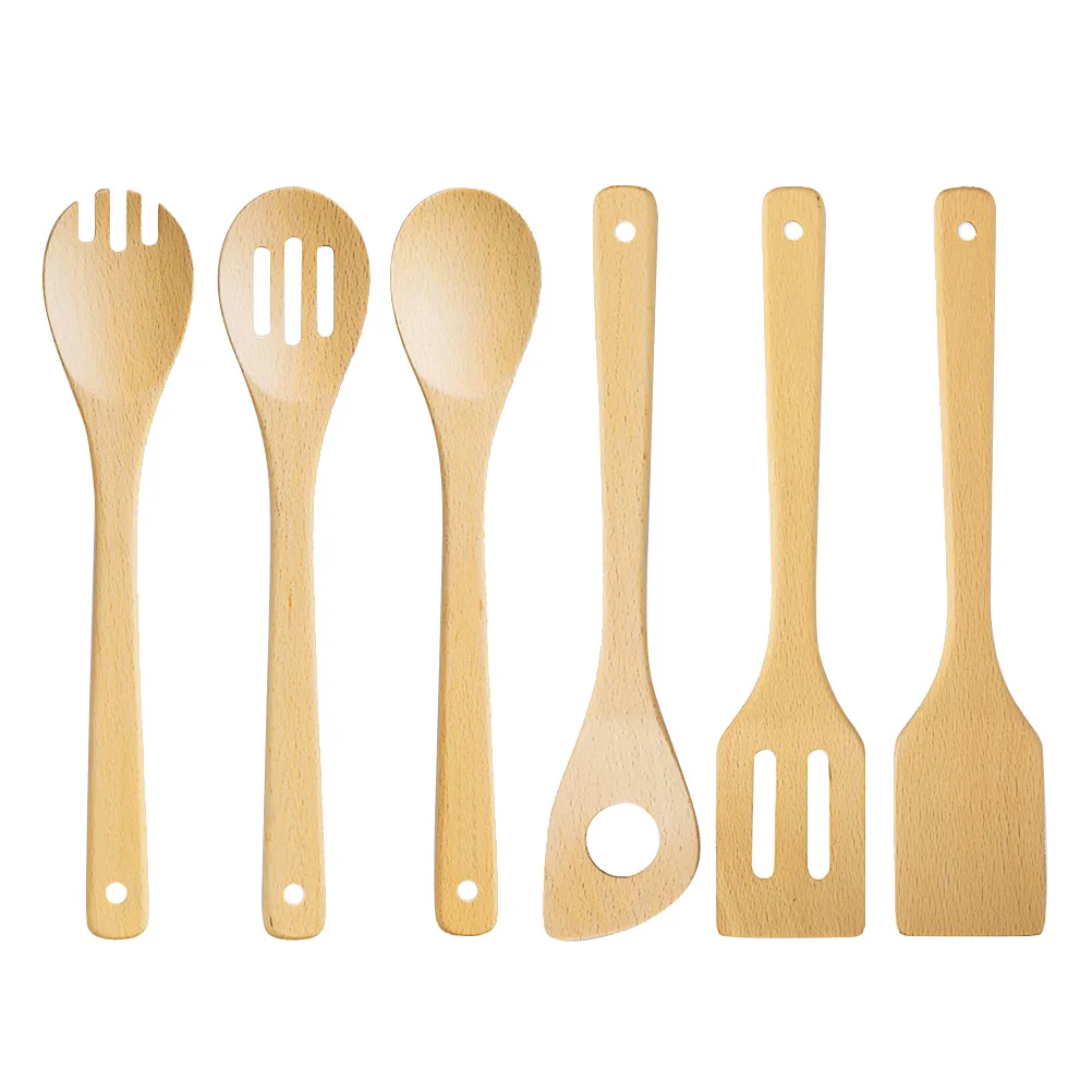 

6 pcs Cooking Spoons Spatulas Set Long Handle Wooden Durable Creative Eco-friendly Kitchenware Utensil Home Supplies