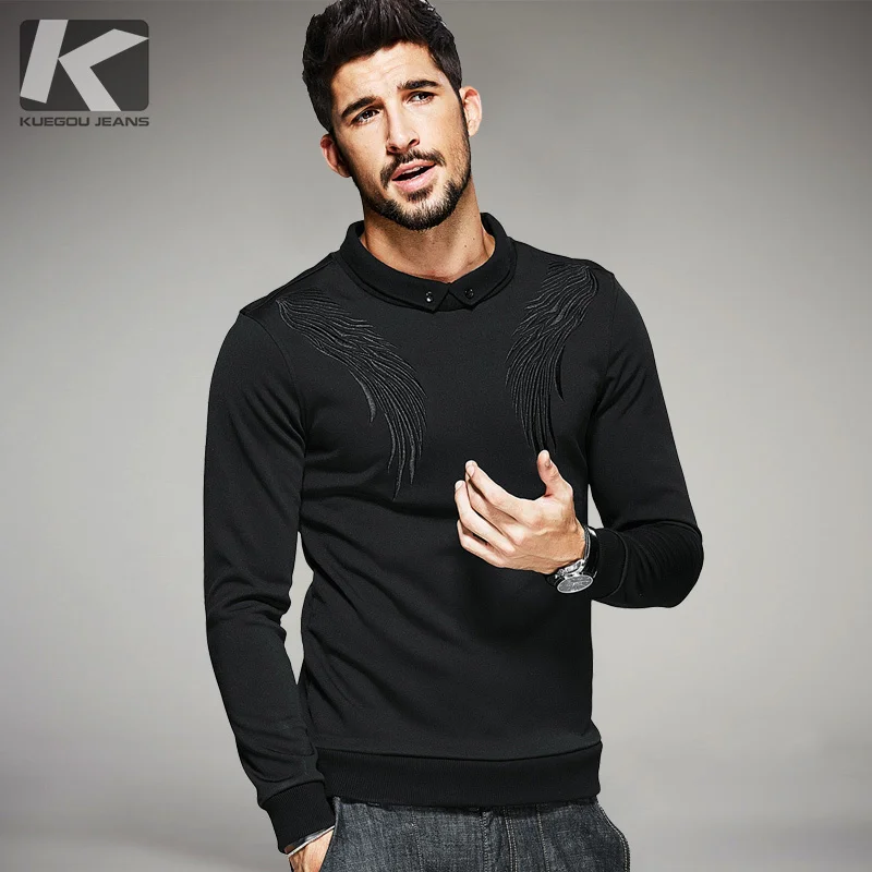 

KUEGOU New Autumn Mens Sweatshirts Thick Patch Embroidery Black Color Brand Clothing For Man's Slim Pullovers Male Tracksuit 931