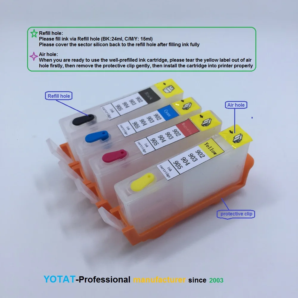 YOTAT без чипа многоразового использования картридж для HP902 HP903 HP 902 903 904 905 OfficeJet 6950