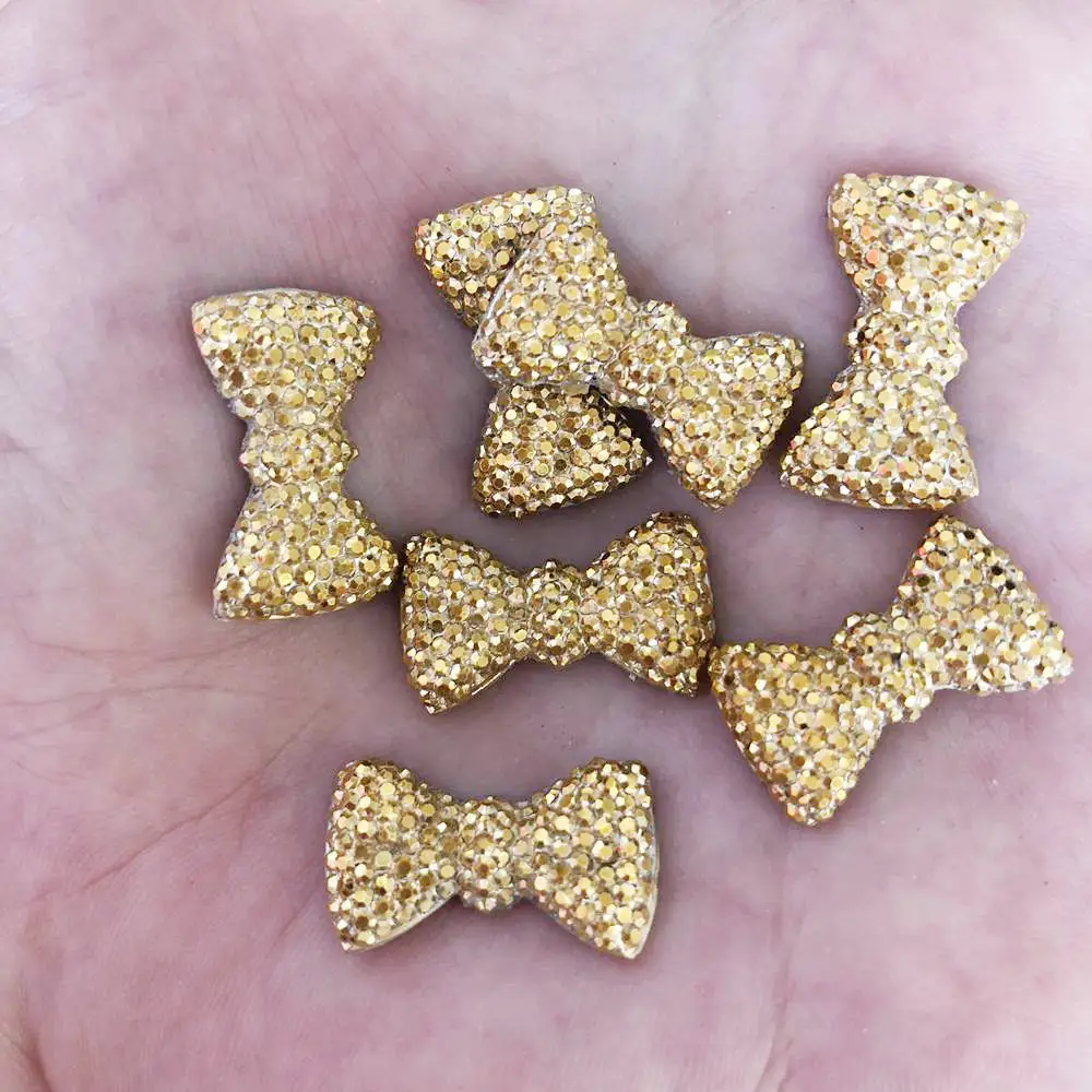 

DIY 20pcs 12mm*20mm AB Resin Gold Bow Flatback Rhinestone Wedding Buttons Craft F277