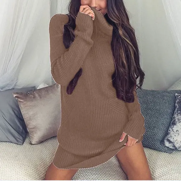 

Women Turtleneck Sweater Pullovers Dress Knitting Long Sleeve Loose Casual Autumn Winter Dresses QL Sale